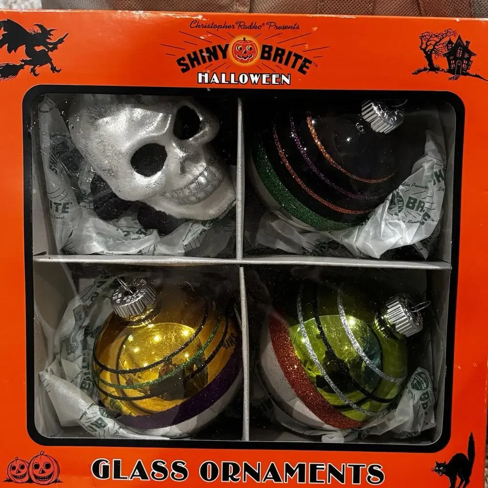 Christopher Radko Shiny Brite Large Halloween Skull & Ball Ornament Set of Four